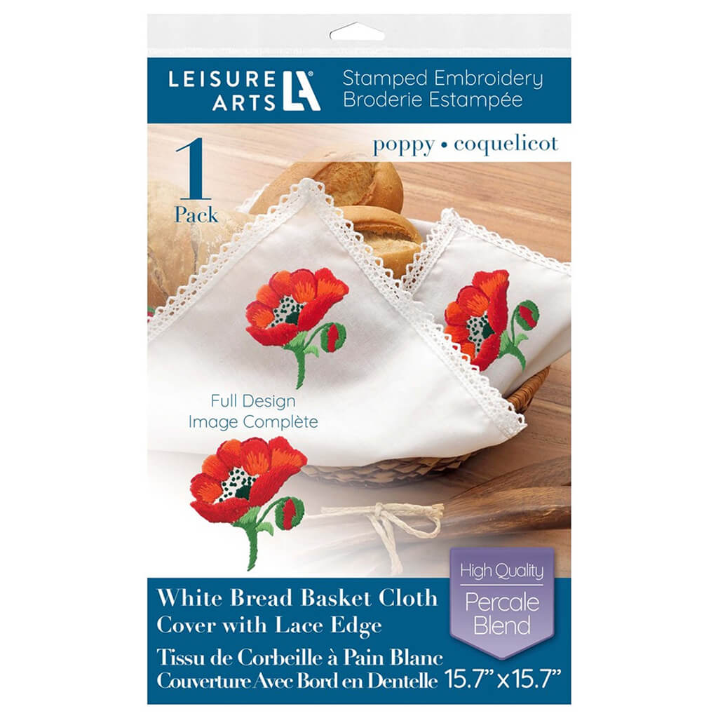 Leisure Arts Bread &amp; Basket Stamp Embroidery Cloth 15.7in x 15.7in, Poppy