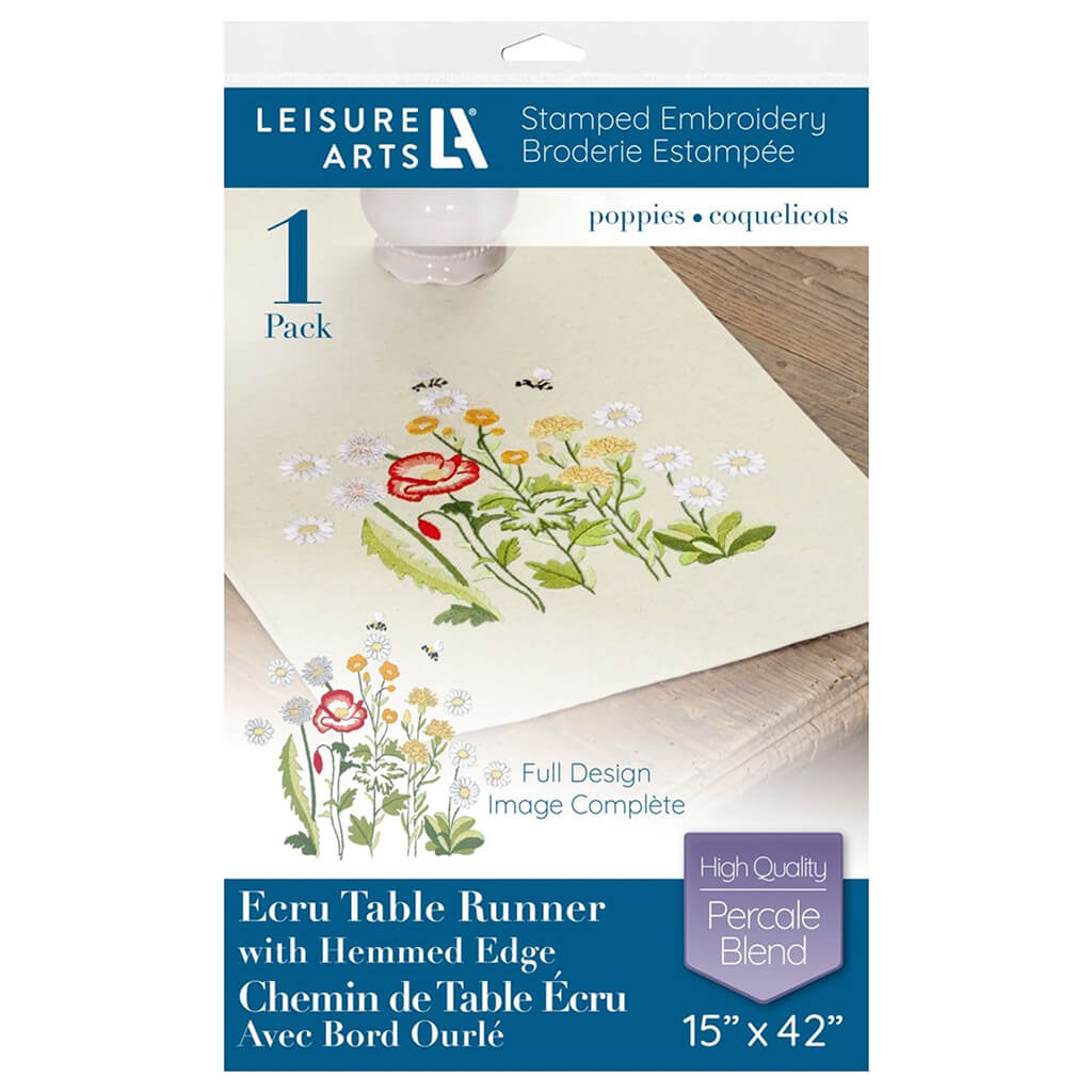 Leisure Arts Table Runner Embroidery Kit 15in x 42in, Ecru Poppies