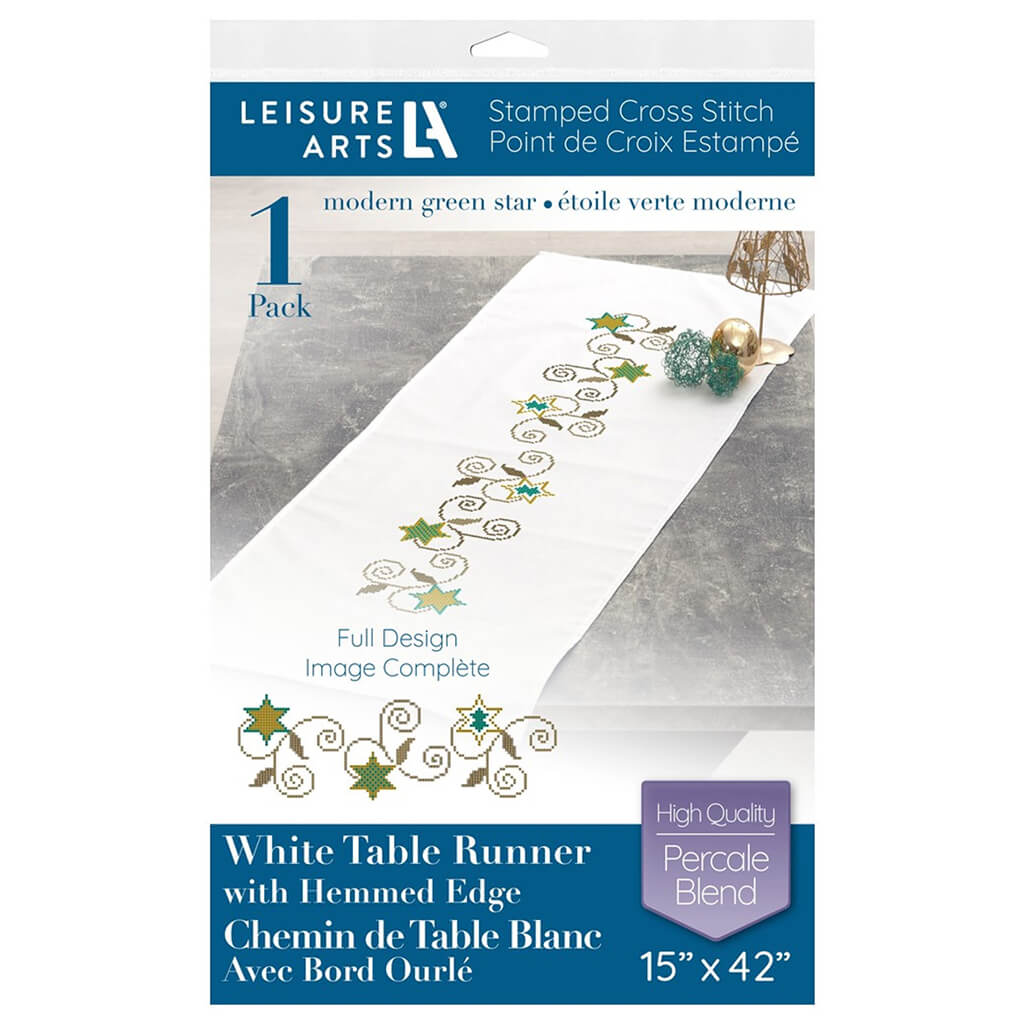 Leisure Arts Table Runner Embroidery Kit 15in x 42in, Modern Green Star