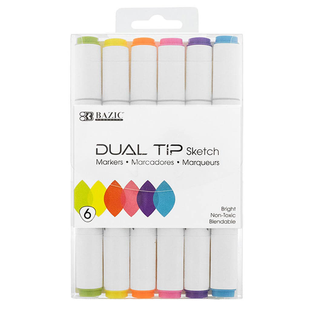 6 Fluorescent Colors Dual Tip Sketch Markers