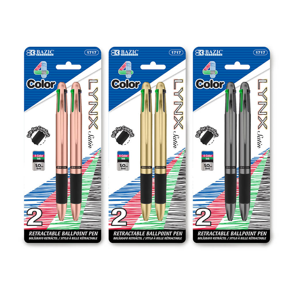 Lynx Satin Top 4-Color Pen with Cushion Grip, 2pk