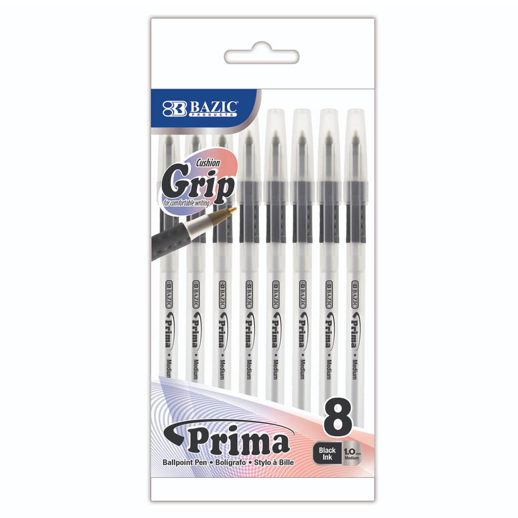 Prima Black Stick Pen with Cushion Grip, 8pk