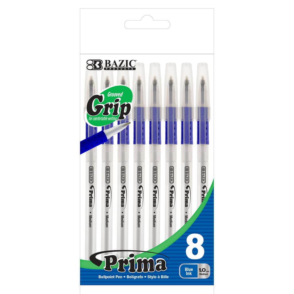 Prima Blue Stick Pen with Cushion Grip, 8pk