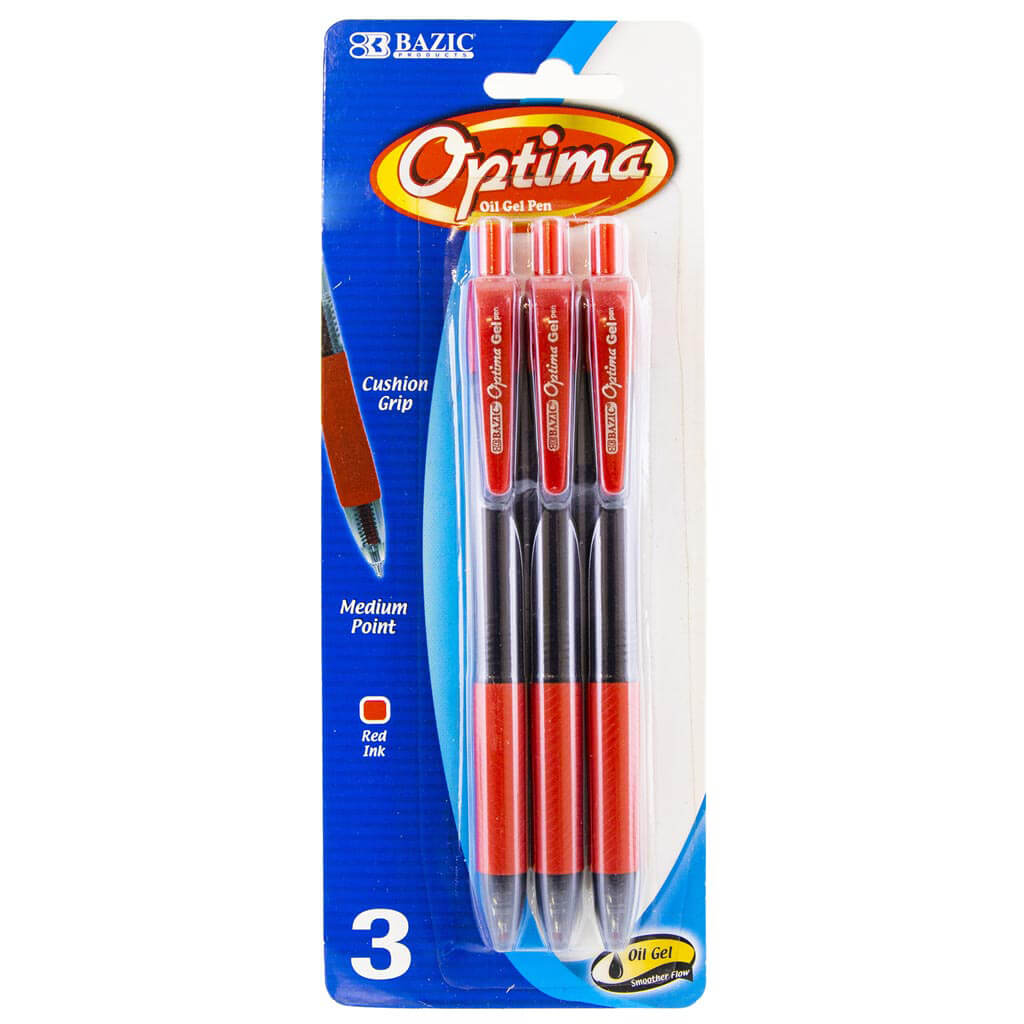 Optima Red Oil-Gel Ink Retractable Pen with Grip, 3pk