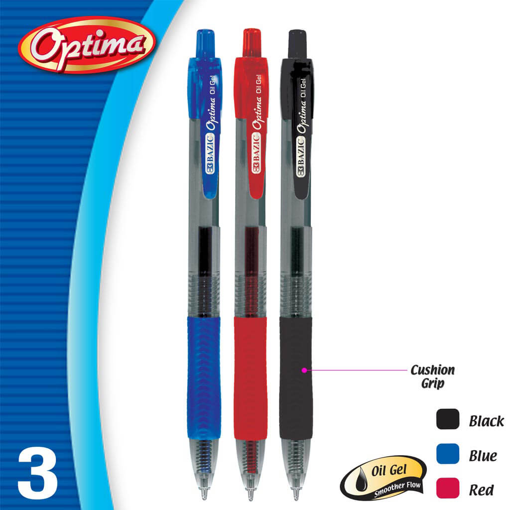 Optima Assorted Color Oil-Gel Ink Retractable Pen with Grip, 3pk