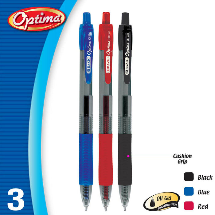 Optima Assorted Color Oil-Gel Ink Retractable Pen with Grip, 3pk