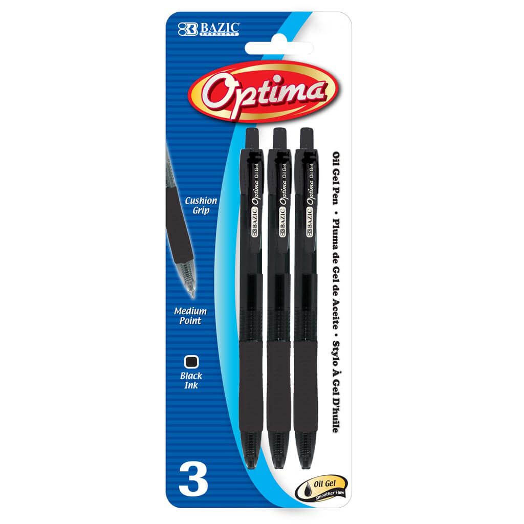 Optima Black Oil-Gel Ink Retractable Pen with Grip 3pk