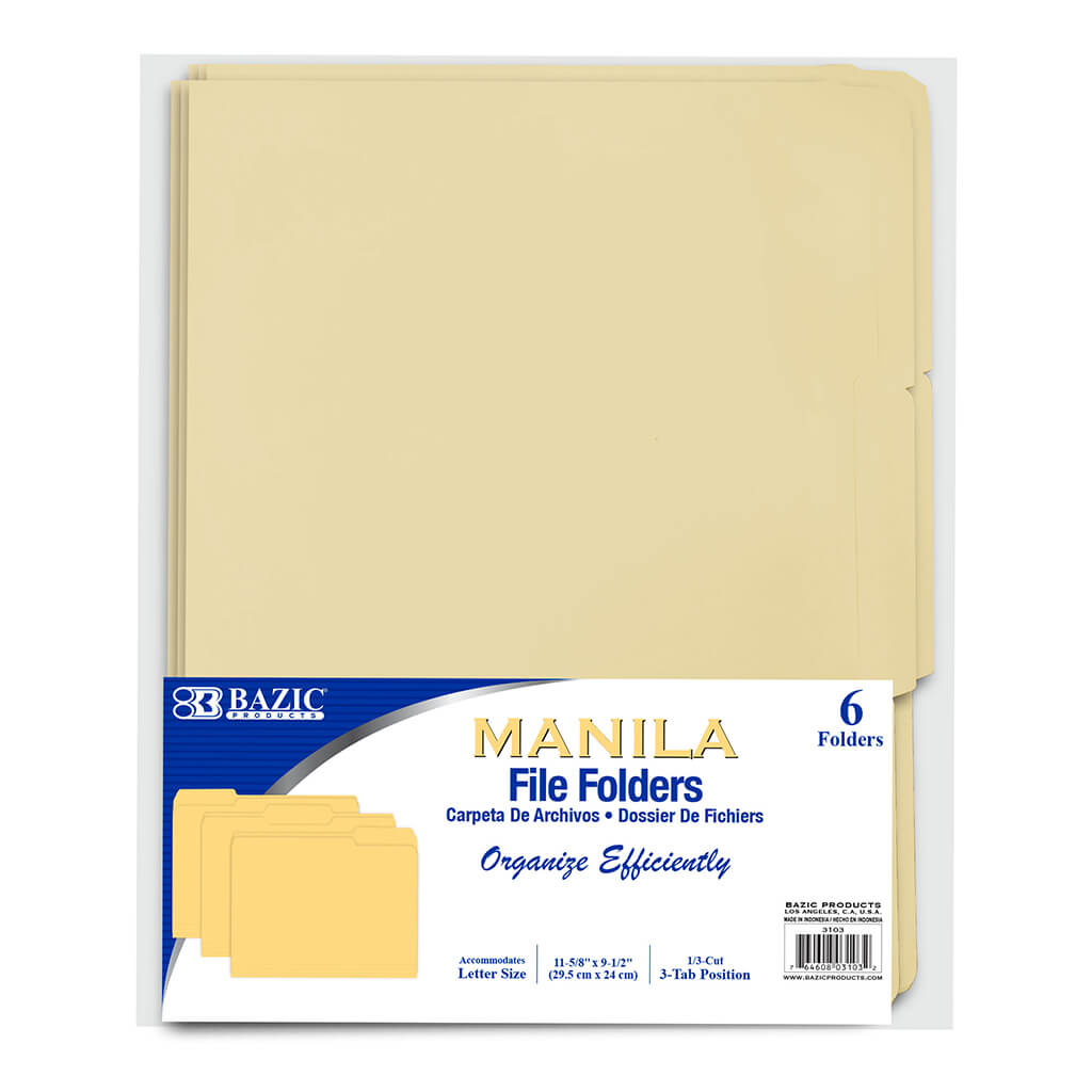 1/3 Cut Letter Size Manila File Folder 6pk