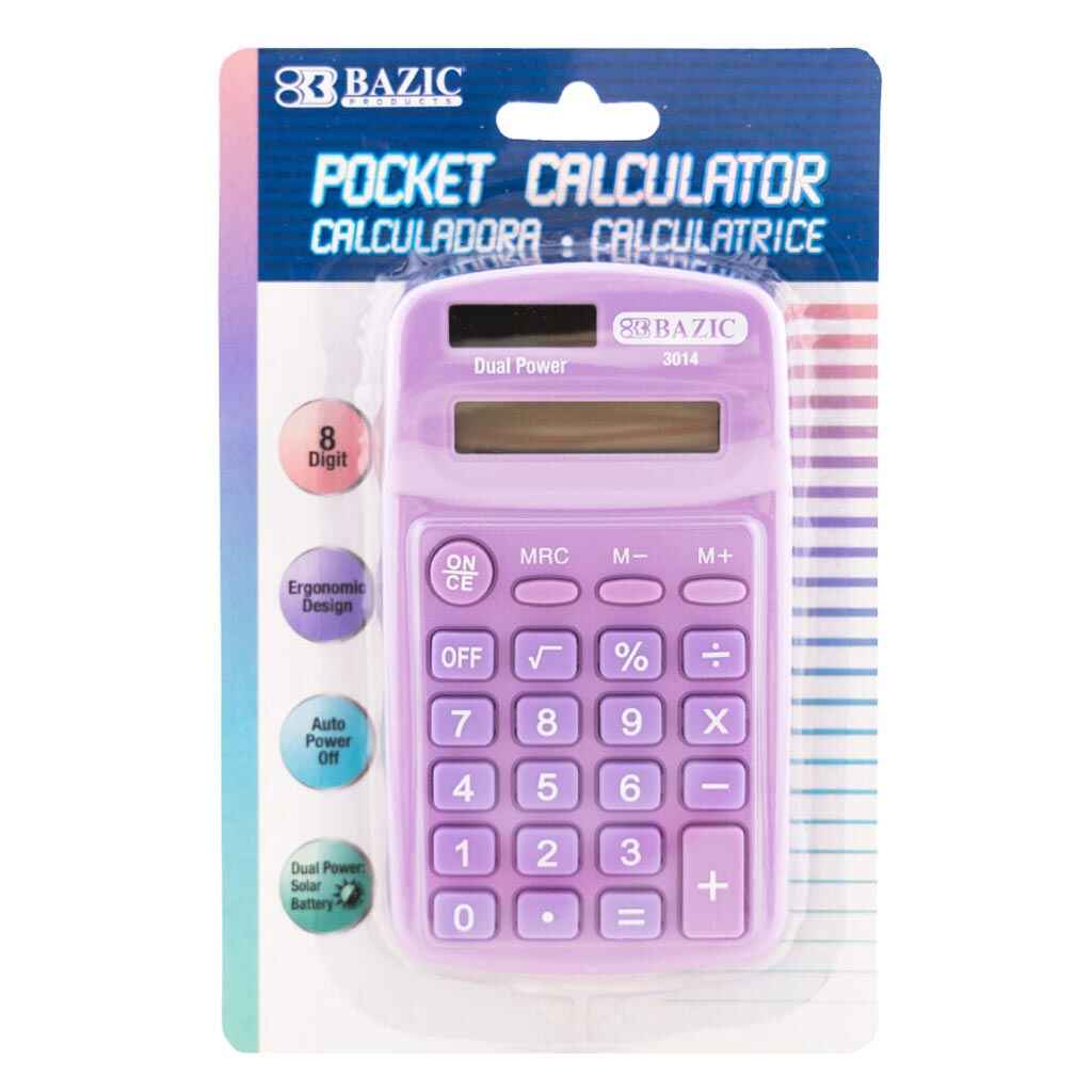 8-Digit Dual Power Pocket Size Calculator, Pastel Color