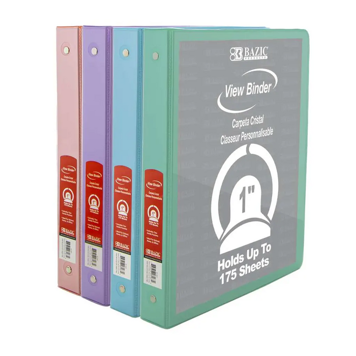 1" Pastel Color 3-Ring View Binder with 2-Pockets