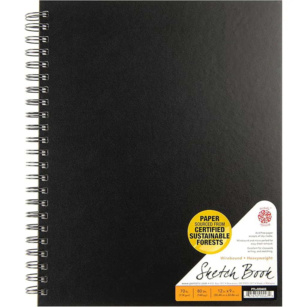 Pentalic - 9in x 12in Double Wirebound Sketchbook, 80 Sheets, Black