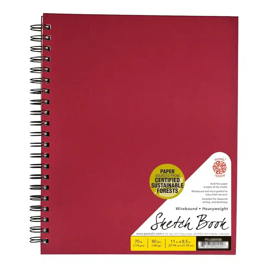 Pentalic - 8.5in x 11in Double Wirebound Hardcover Sketchbook, 80 Sheets, Red