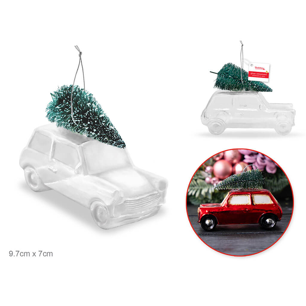 Bringin' Home the Tree Clear Glass Ornaments 3.8in x 2.8in, Silver Cord