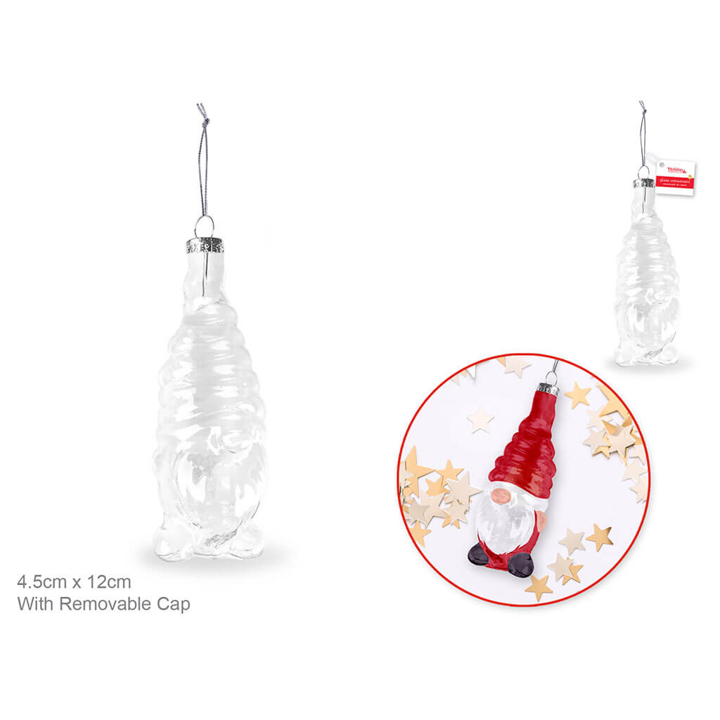 Gnome Santa Clear Glass Ornament with Metal Hanger 2.2in x 4.3in