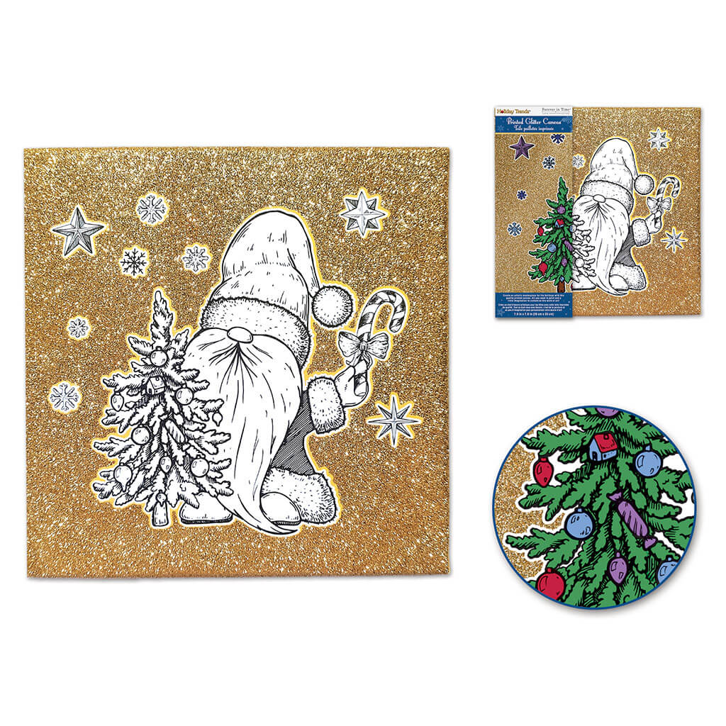 Canvas 7.9in x 7.9in Glitter Stretch Artist Primed Back-Stapled, Gnome Santa