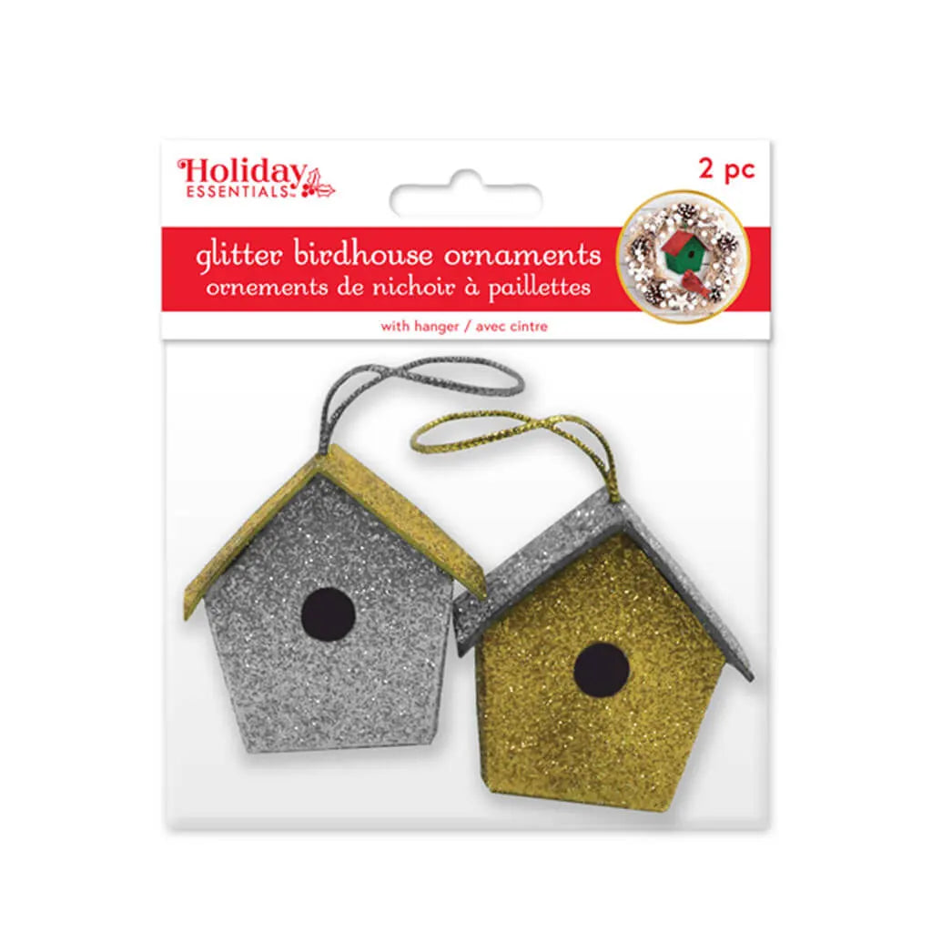 2INx1.5IN Glitter Birdhouse Orn 2pc w/Hanger Gold/Silver