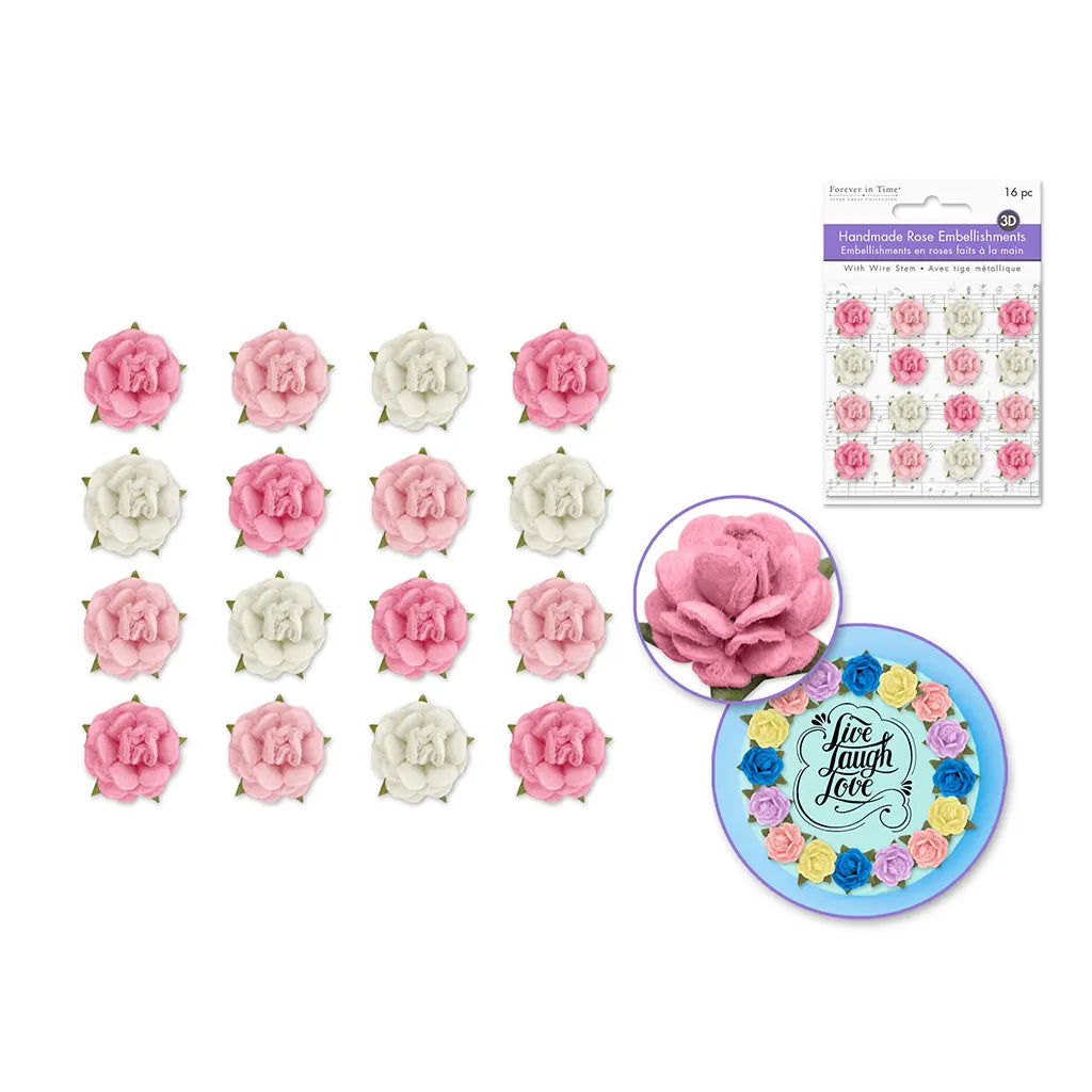 1.5cm 3D Handmade Paper Micro Roses 16pc w/Stem Asst Pretty