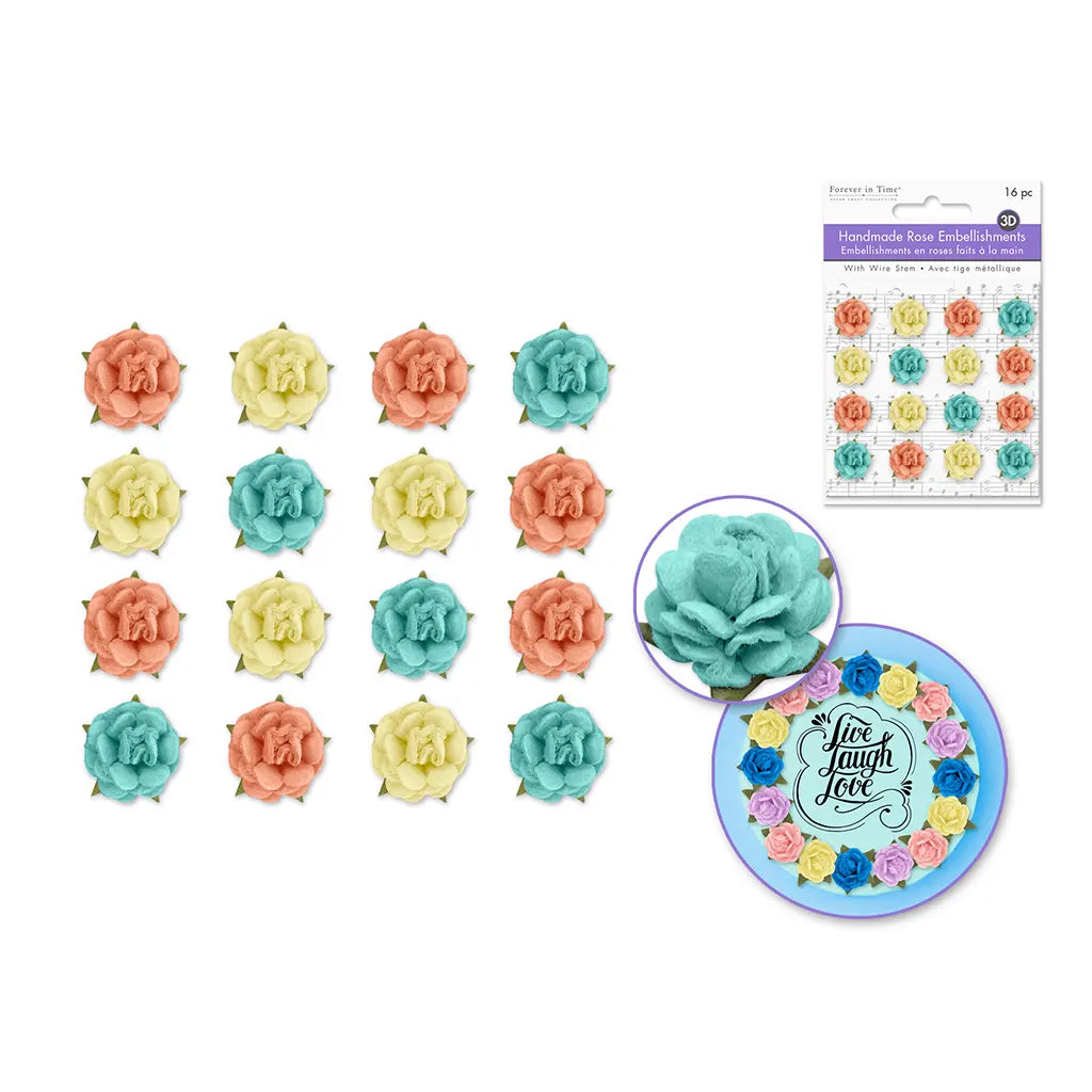1.5cm 3D Handmade Paper Micro Roses 16pc w/Stem Asst Paradise