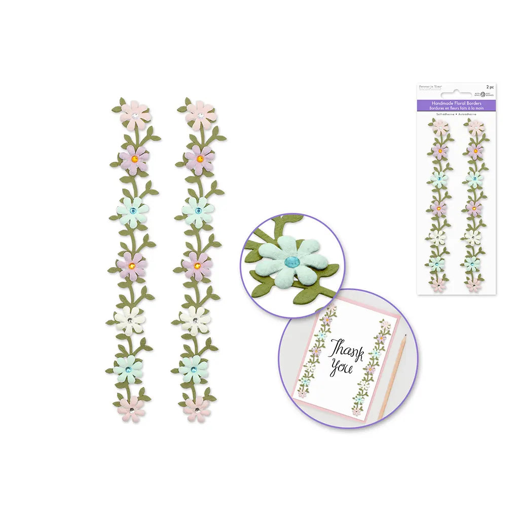 6.4IN Handmade Paper Floral Border Vine 2pc w/Gem Pastel