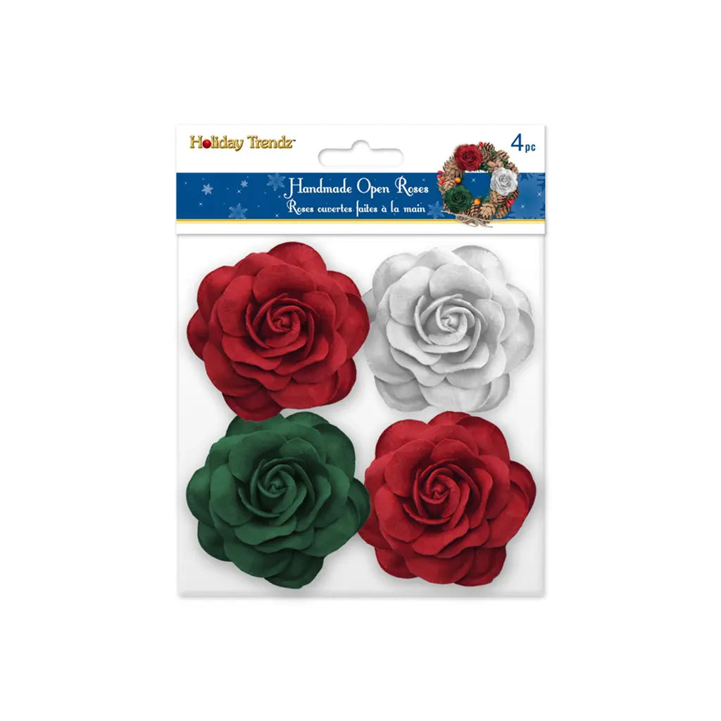 6.5cm Handmade Open Rose Head x4 Red/Green/White
