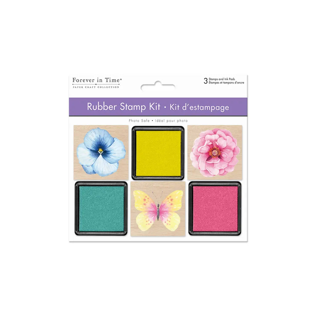 Wooden Rubber Stamp Kit 3 Wood Stamps + 3 Ink Pads Butterfly Floral