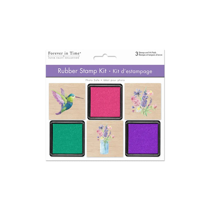Wooden Rubber Stamp Kit 3 Wood Stamps + 3 Ink Pads Hummingbird Garden