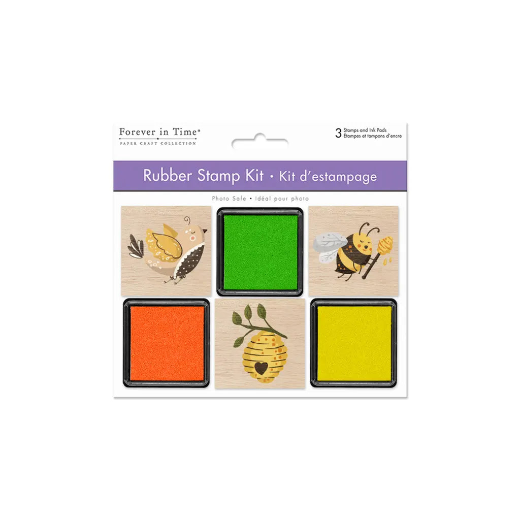 Wooden Rubber Stamp Kit 3 Wood Stamps + 3 Ink Pads Honeydrippers