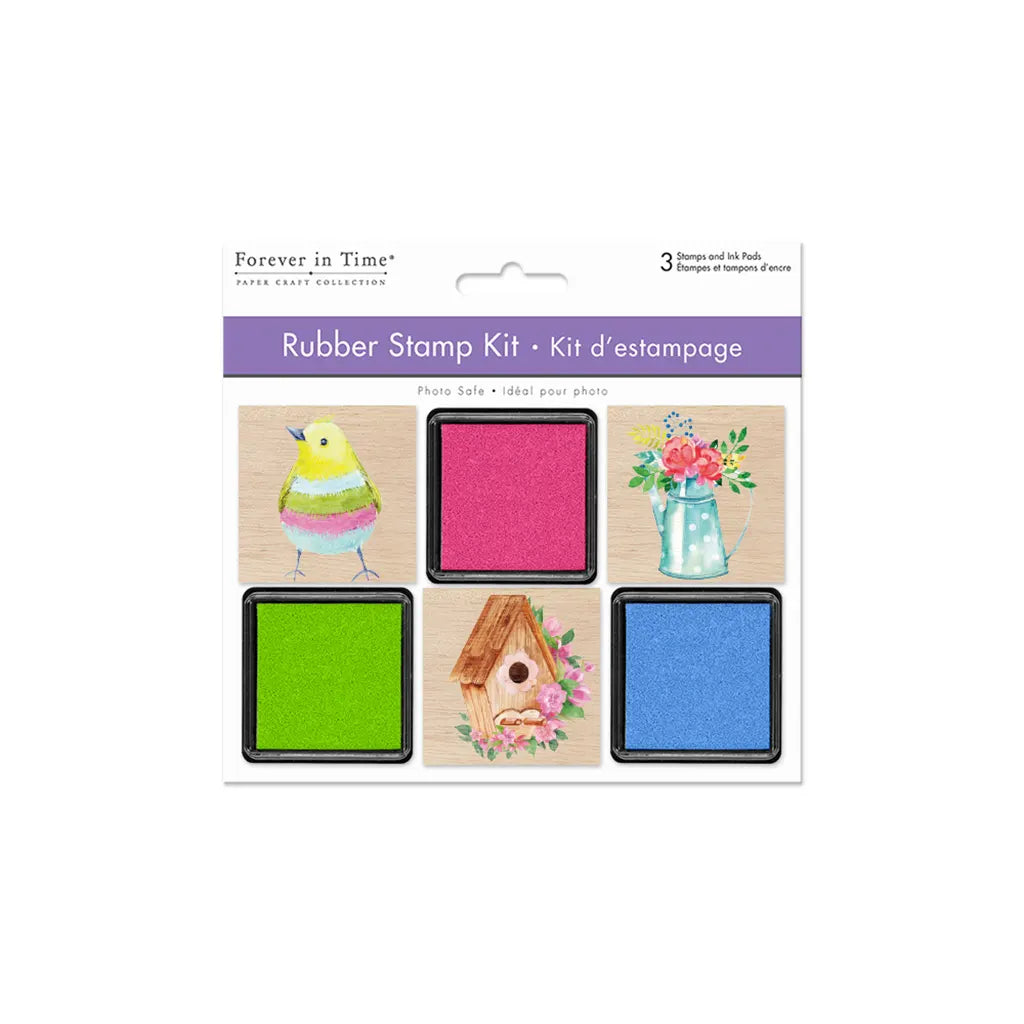 Wooden Rubber Stamp Kit 3 Wood Stamps + 3 Ink Pads Country Garden