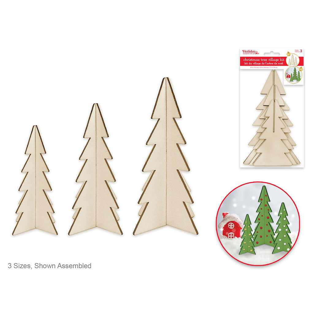 Wood DIY Christmas Tree Village Kit 3pc, 4.7in/5.9in/7.1in