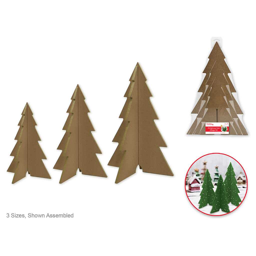 Wood DIY Christmas Tree Village Kit 3PC, 7.9in/10in/11.8in