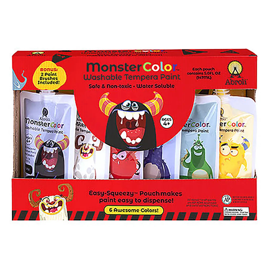 MonsterColor Washable Tempera Paint Sets, 6-Color Set - White, Black, Red, Dark Blue, Green and Yellow