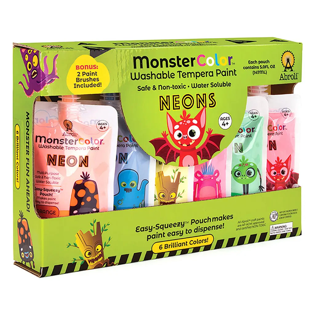 MonsterColor Washable Tempera Paint Sets, 6 -Color Neon Set  - Neon Orange, Neon Blue, Neon Yellow, Neon Pink, Neon Green and Neon Red
