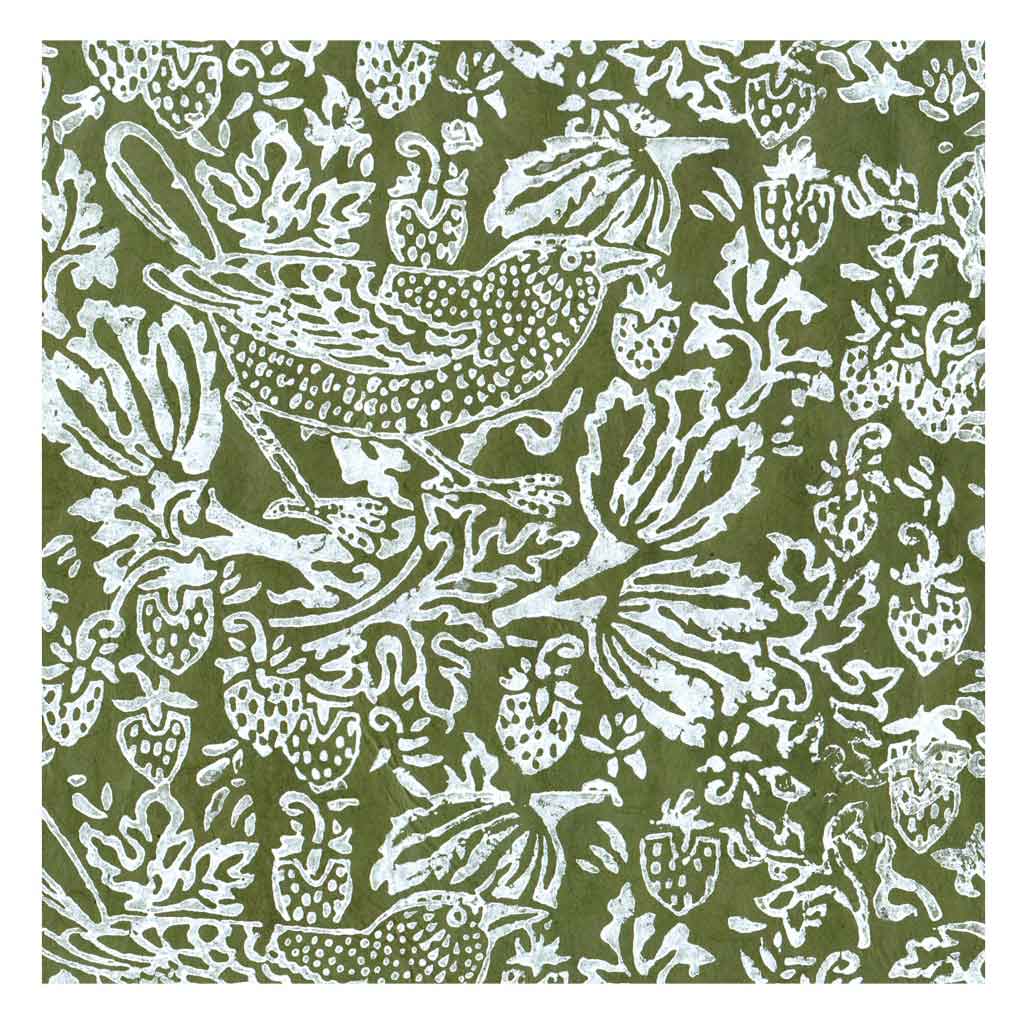 Lamali Decorative Lokta Paper Thrush &amp; Strawberries 60gsm 20in x 30in, Avocado