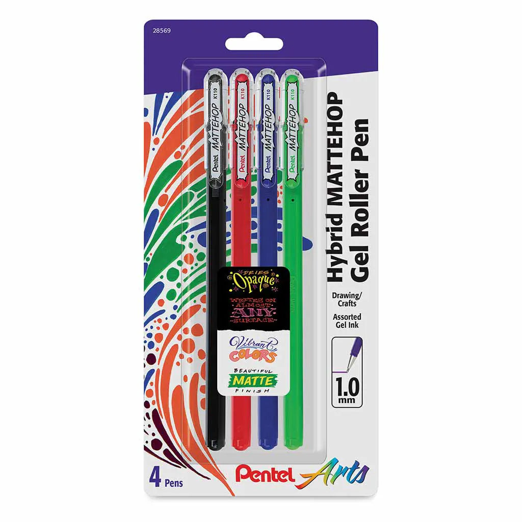 Hybrid Mattehop Gel Roller Pen Sets,4-Color Set (Matte Black, Matte Red, Matte Blue &amp; Matte Green) 1MM