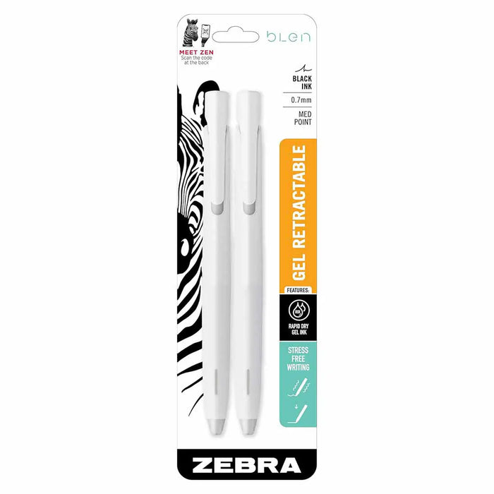 bLen Retractable Gel Pens & Refill, .7mm White Barrel with Black Ink - 2/pkg.