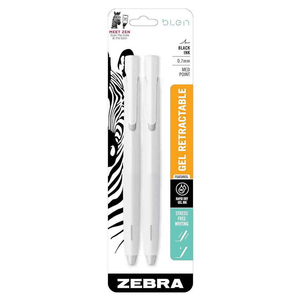 bLen Retractable Gel Pens &amp; Refill, .7mm White Barrel with Black Ink - 2/pkg.