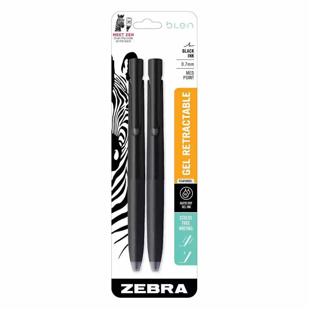 bLen Retractable Gel Pens &amp; Refill, .7mm Black Barrel with Black Ink - 2/pkg.