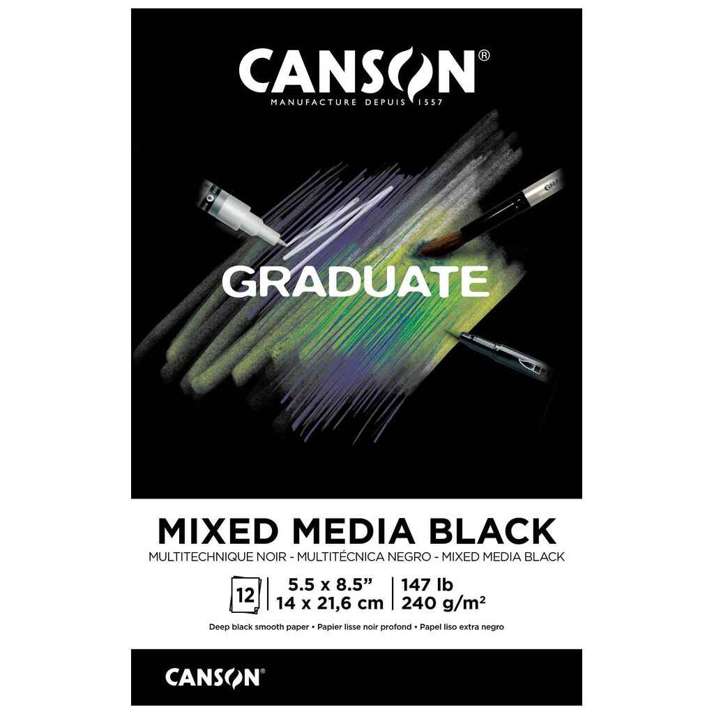 Canson Graduate Black Mixed Media Pad 5.5in x 8.5in, 12 Sheets