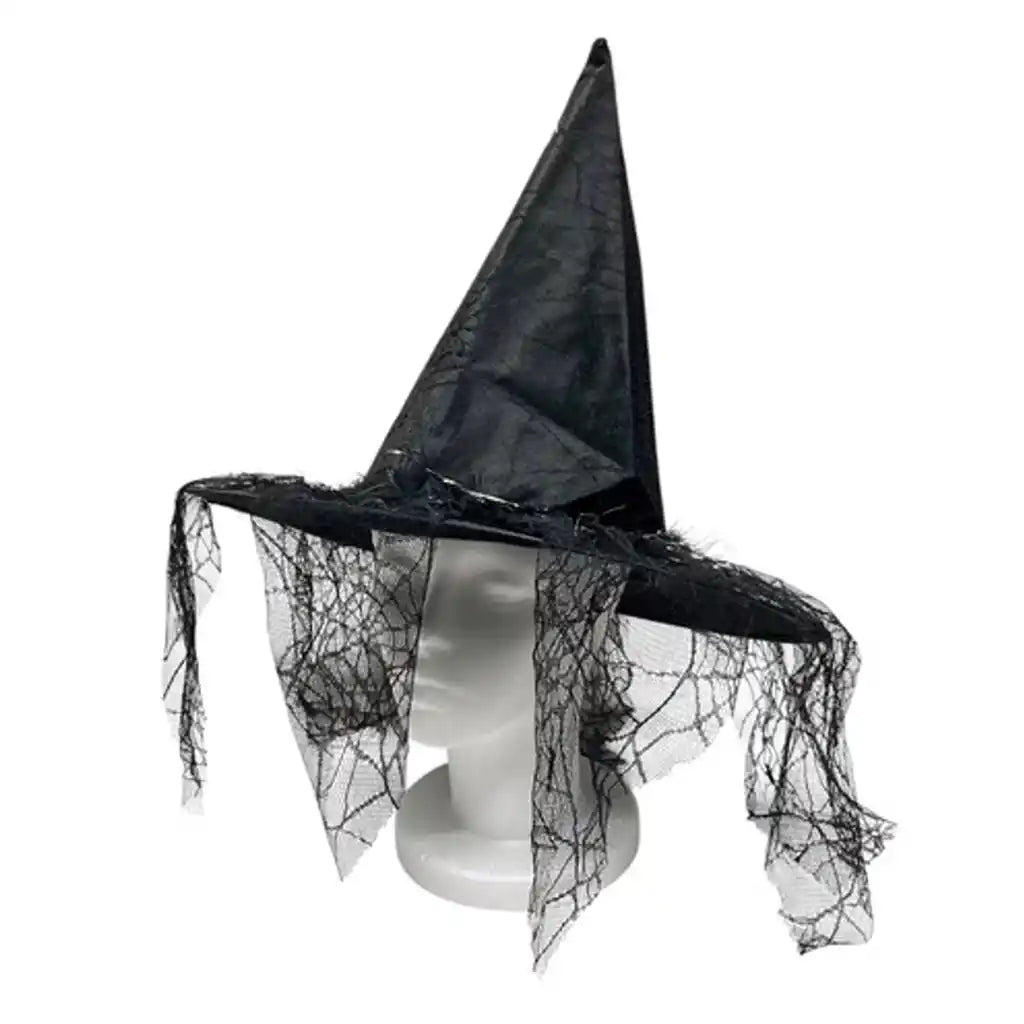 Satin Witch Hat with Spider Web &amp; Lace Veil