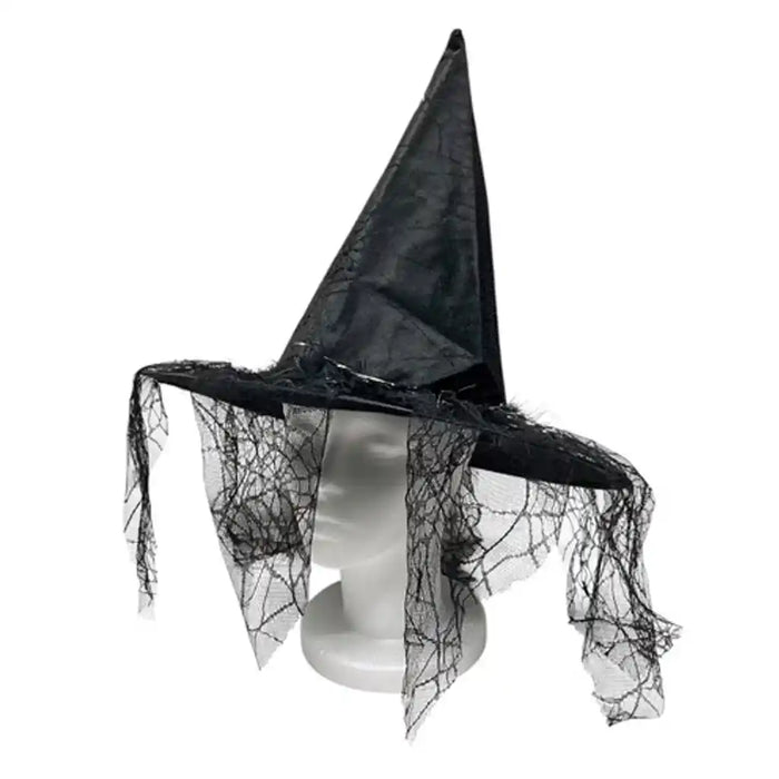 Satin Witch Hat with Spider Web & Lace Veil