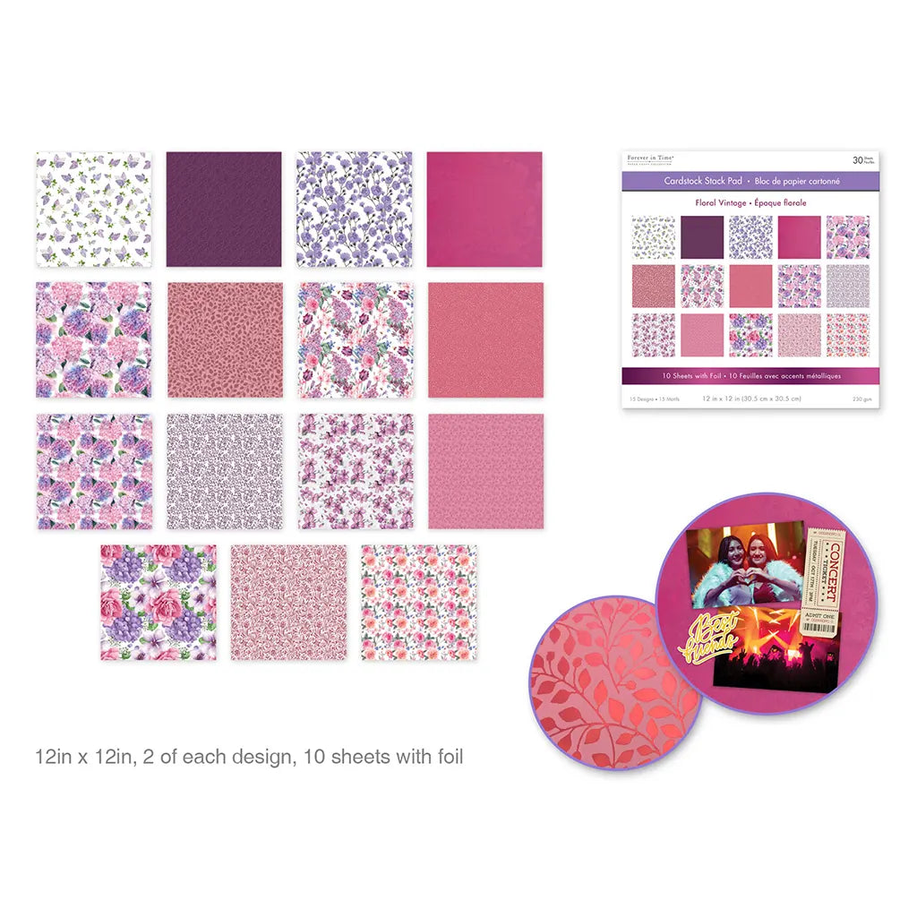 Cardstock: 12"x12" Foil Themed Stack Pad x30 (15 Designs) 230GSM Floral Vintage