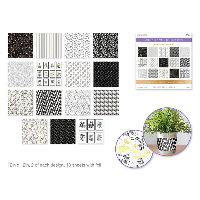 Cardstock: 12"x12" Foil Themed Stack Pad x30 (15 Designs) 230GSM Black & Gold