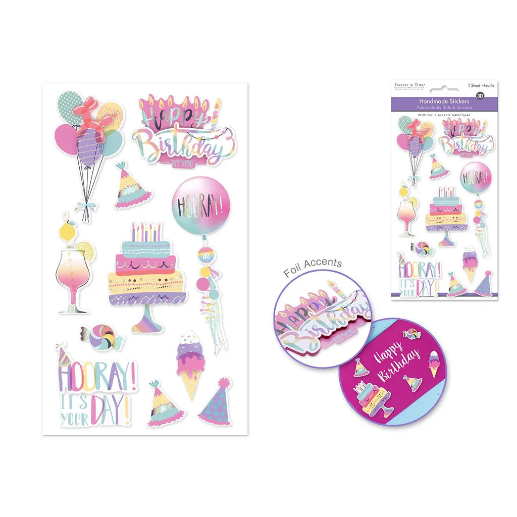 Handmade Sticker: 4.4"x7.5" 3D Themed Elements  Birthday