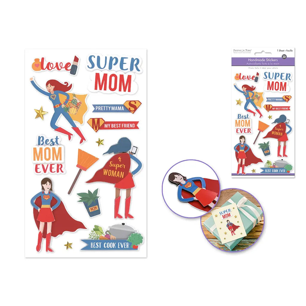 Handmade Sticker: 4.4"x7.5" 3D Themed Elements Super Mom