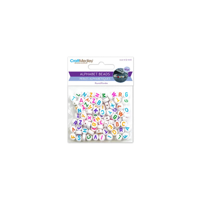 Alphabet Beads: 7mm Round 90ct 4mm(T) White w/Multi Letters