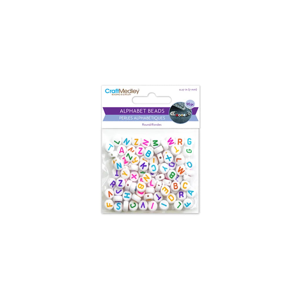 Alphabet Beads: 7mm Round 90ct 4mm(T) White w/Multi Letters