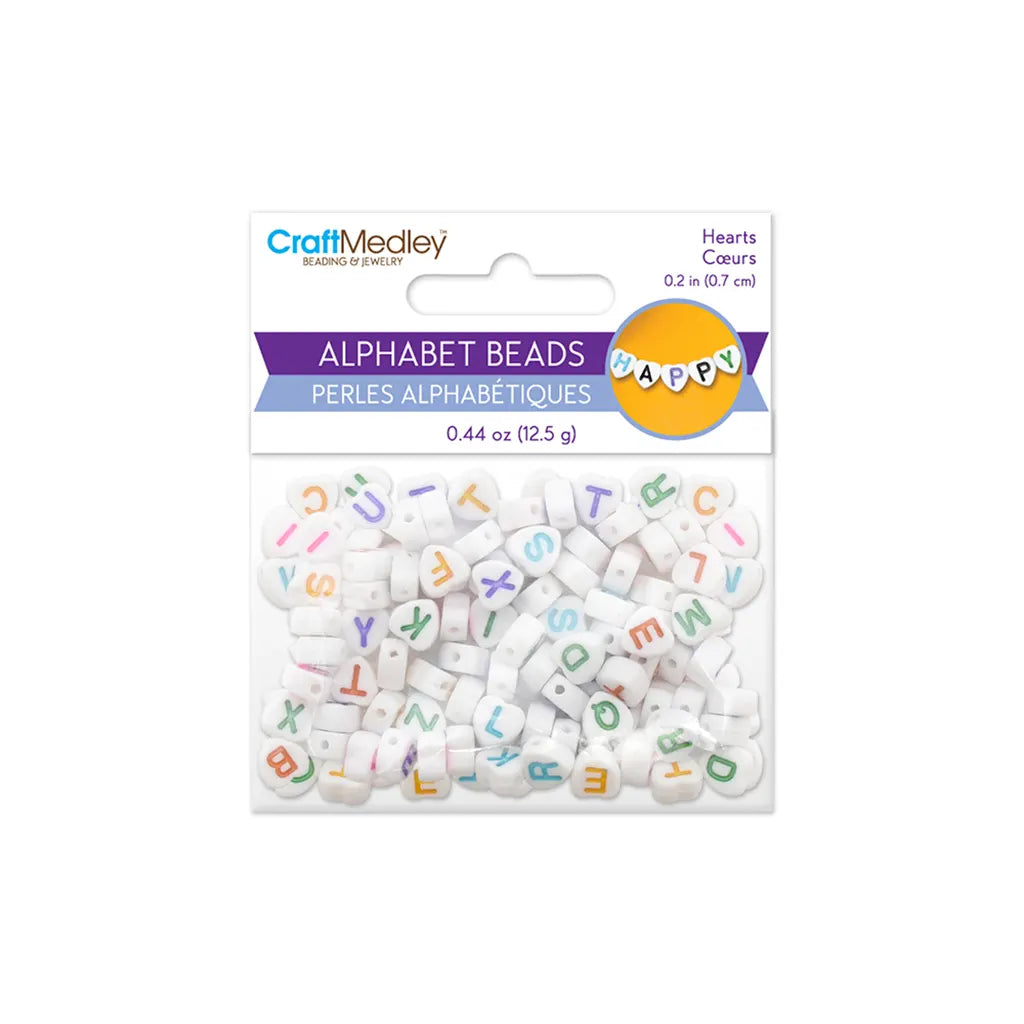 Alphabet Beads: 6mmx7mm Heart x90 4mm(T) White w/Multi Letters