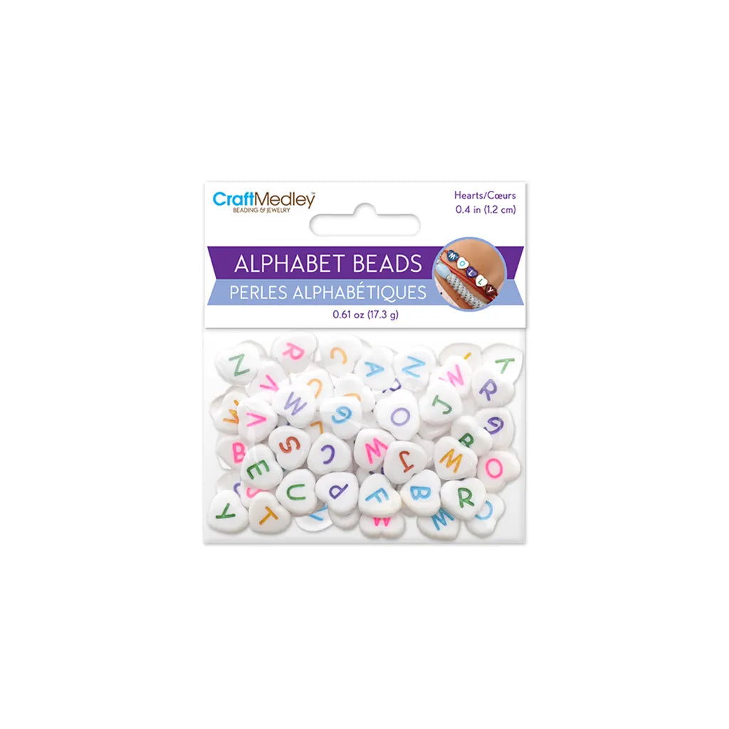 Alphabet Beads: 10mmx12mm Heart x50 4mm(T) White w/Multi Letters