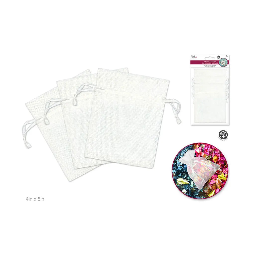 Craft Decor: 4"x5" Craft Goody Bags x3 Mesh Cotton w/Ribbon String White