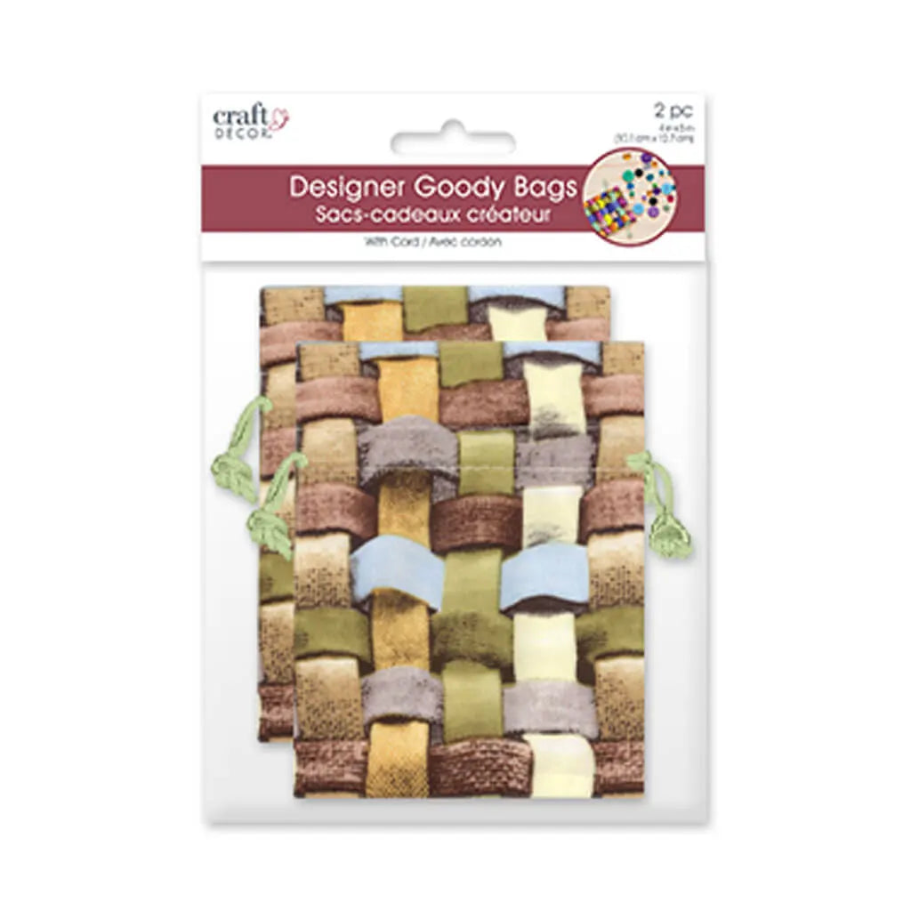 Craft Decor: 4"x5" Designer Goody Bags x2 w/Poly Cord Brown/Green